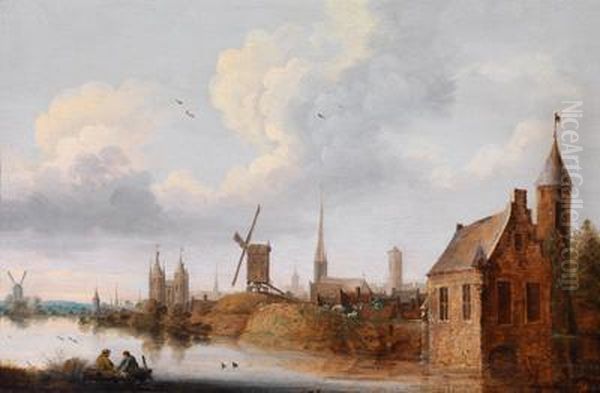 Umkreishollandische Flusslandschaft Mit Einem Am Wasser Gelegenenstadtchen - view 1