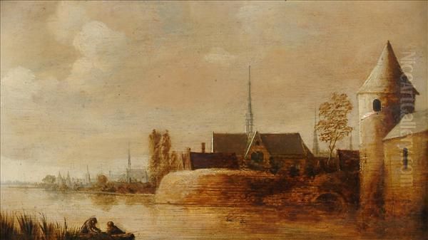 Two Figuresin A Boat With A Dutch Town Beyond - view 1