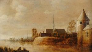 Two Figuresin A Boat With A Dutch Town Beyond by Jan van Goyen