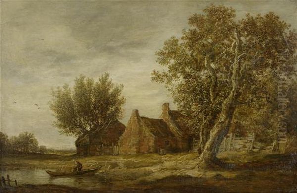 River Landscape With Farms And A Boat - view 1