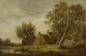 River Landscape With Farms And A Boat by Jan van Goyen