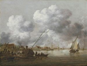 An Estuary With A Small Ship Being Caulked In The Foreground by Jan van Goyen