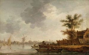 Flusslandschaft Mit Fischern Und Windmuhlen by Jan van Goyen