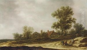 A Landscape With Travellers 
Resting On A Sandy Path Near A Cottage, A Church In The Distance by Jan van Goyen