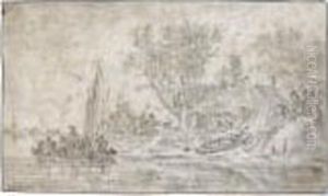 River Landscape With Figures Embarking On A Barge And A Cottage To The Right by Jan van Goyen