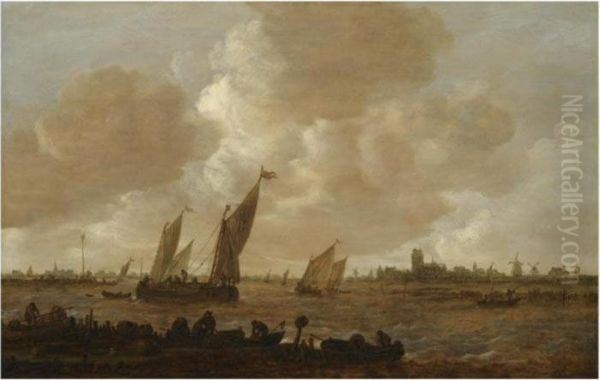 A Distant View Of Dordrecht, 
With Small Vessels Beating Against And Running Before The Wind, With 
Fishermen Unloading Fishtraps In The Foreground - view 1