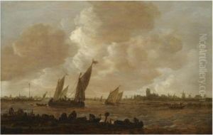 A Distant View Of Dordrecht,
With Small Vessels Beating Against And Running Before The Wind, With
Fishermen Unloading Fishtraps In The Foreground by Jan van Goyen