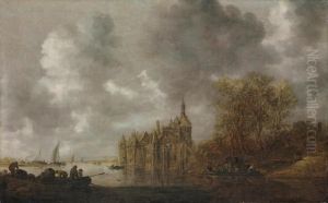 An Extensive River Landscape With Figures Rowing And A Castle Beyond