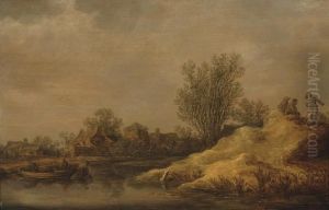 Paysans Traversant Un Cours D'eau, Un Village A L'arriere-plan Paysans Traversant Un Cours D'eau, Un Village A L'arriere-plan