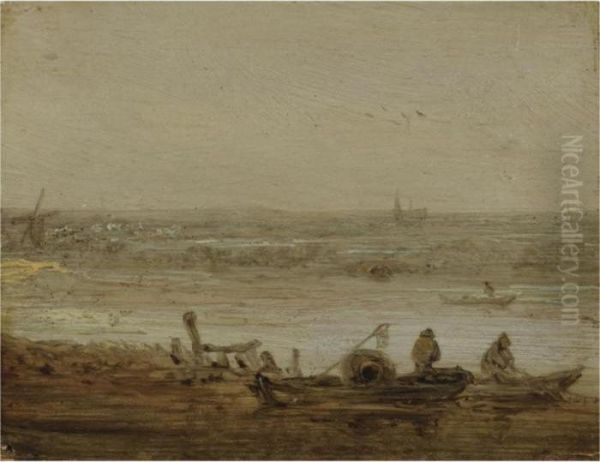A River Landscape With Fishermen
In Boats Hauling In Their Nets, A View Of A Church In The Far Distance - view 1