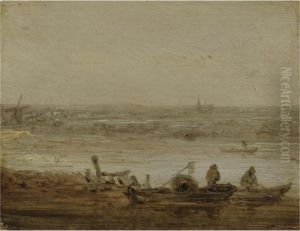 A River Landscape With Fishermen
 In Boats Hauling In Their Nets, A View Of A Church In The Far Distance