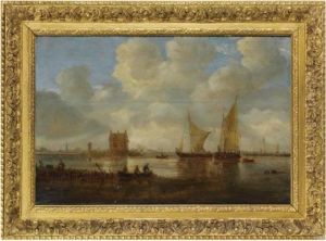 An Estuary With Two Sailing
Boats, A House And A Church In The Background, A Fishing Boat And
Fishermen In The Foreground by Jan van Goyen