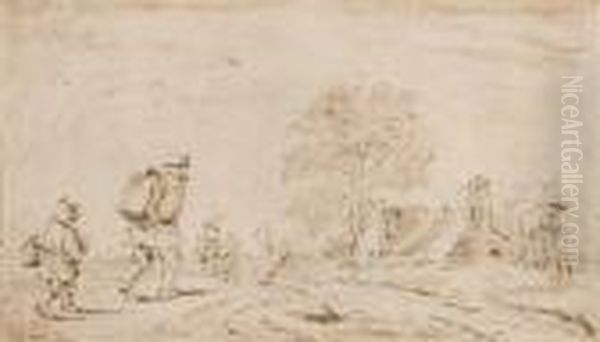 Manner, Frauen Und Kinder Mit Kiepen Und Korben Auf Dem Weg Zu Einer Hutte. - view 1
