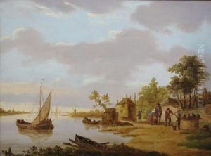 River Scene With Figures On The Banks by Jan van Goyen