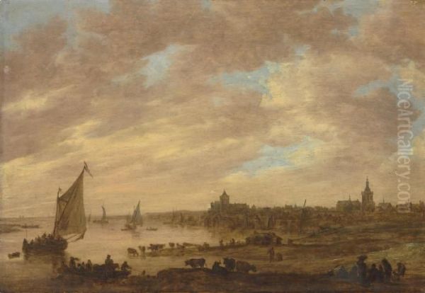 A View Of Nijmegen From The West
With The Valkhof And St.stevenskerk, A Ferry And Other Shipping On The
Waal And Cattle Onthe River Bank - view 1