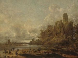 A River Landscape With
Travellers On The Bank, A Ferry Crossing, Awindmill And Town Beyond by Jan van Goyen