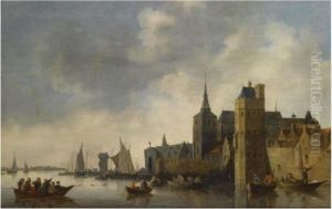 A River Landscape With Fishermen
 In Small Vessels Near The City Ofantwerp, With A Church Tower On The 
Right, Sailing Boats In Thebackground by Jan van Goyen