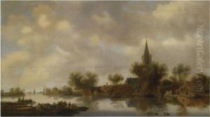 An Extensive River Landscape 
With Figures In A Ferry Boat, Othershipping On The River, A View Of A 
Church And Houses On Shore