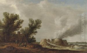 A River Landscape With Peasants Resting Near A Cottage And Figures Working At Lime Kilns