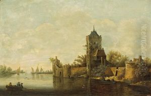 A River Landscape With A Castle And Fishermenin The Foreground by Jan van Goyen