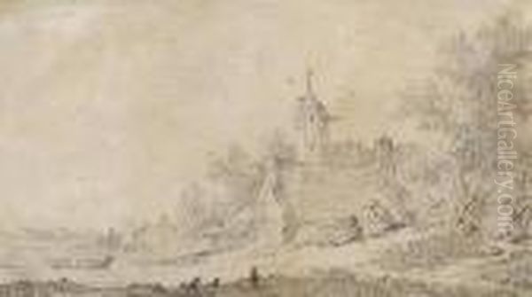 Two Peasants Sitting In Front Of A Strawthatched Farmhouse By Apond - view 1