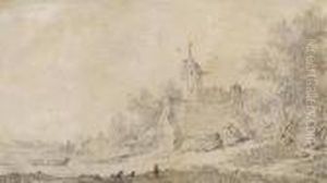 Two Peasants Sitting In Front Of A Strawthatched Farmhouse By Apond