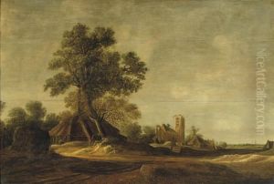 A Wooded Dune Landscape With Two Travellers Resting Under A Treenear A Small Village by Jan van Goyen