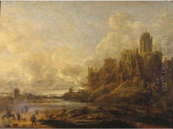 Paysage Fluvial En Hollande Avec
 Ville Sur Les Hauteurs De La Rive, Anime De Personnages Et Cavaliers En
 Premier Plan - view 1