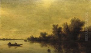A Wooded River Landscape With Two Figures In A Rowing Boat
