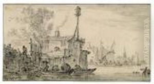Landende Boote Mit Staffage Vor Einem Haus Mit Taubenschlag by Jan van Goyen