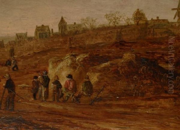 Kustenlandschaft Mit Ortschaft,
Grossem Kirchturm, Windmuhlen Und Personenstaffage Im Vordergrund - view 1
