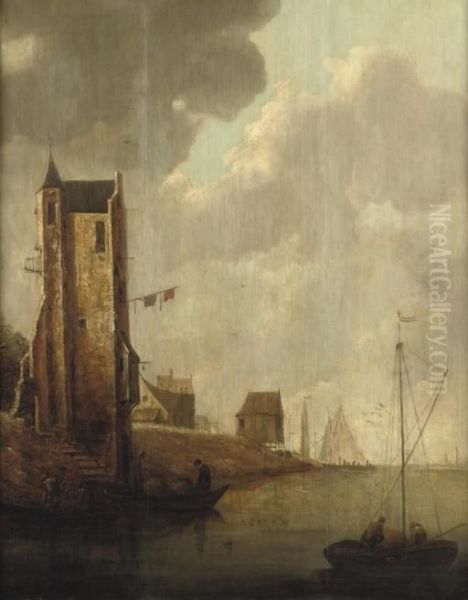 A River Landscape With Fishermen In Their Boats By A Ruined Tower, Shipping Beyond - view 1