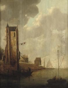 A River Landscape With Fishermen In Their Boats By A Ruined Tower, Shipping Beyond by Jan van Goyen