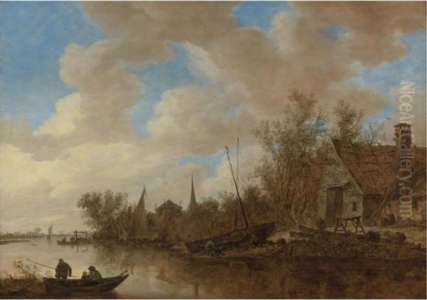 River Landscape With Men Fishing
From Boats And Men Repairing A Boat Before A Wooden House - view 1