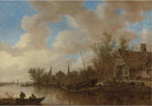 River Landscape With Men Fishing
 From Boats And Men Repairing A Boat Before A Wooden House