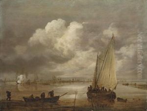 A River Landscape With Fishermen Drawing In Their Nets And A Town Beyond by Jan van Goyen
