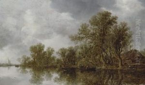 A Wooded River Landscape With Fishermen On A Boat And A Cottage On The River Bank by Jan van Goyen