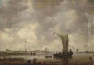 A River Estuary With Shipping And Fishermen On The Shore