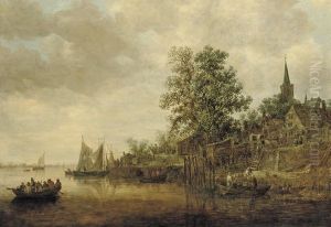 A Wooded Landscape With Shipping On A River, A Village Nearby