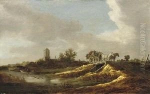 A River Landscape With Figures 
In A Horse-drawn Cart Crossing A Bridge, A Village With A Church Beyond