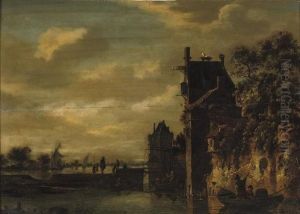 A River Landscape With Figures 
In Rowing Boats Outside The Walls Of A Town, Sailing Boats Beyond by Jan van Goyen