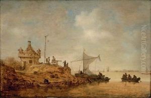 A River Landscape With A Ferry Crossing And Peasants By A Cannon
