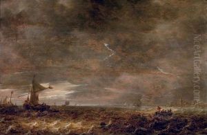 A Stormy Landscape With A Lightning Bolt Over The Haarlemer Meer by Jan van Goyen
