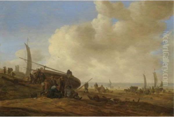 A Beach Scene, Possibly At
Egmond-aan-zee, With Figures Pushing Off An Unrigged Fishing Pink - view 1
