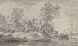 A Village On The Banks Of A Canal With Cattle And Fishermen A Village On The Banks Of A Canal With Cattle And Fishermen