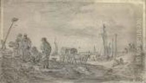 Fishermen On A Beach, Sailing Boats Seen Beyond by Jan van Goyen