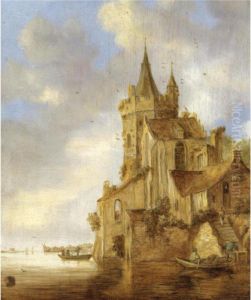 A River Scene With A Rowing Boat Before A Fortified House