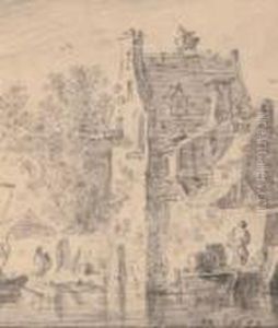 Flusslandschaft Mit Einem Torgebaude Mit Taubenschlag Und Storchennest An Der Flusslandschaft Mit Einem Torgebaude Mit Taubenschlag Und Storchennest An Der