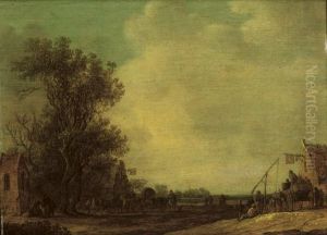 A Wooded Landscape With Travellers Outside An Inn by Jan van Goyen
