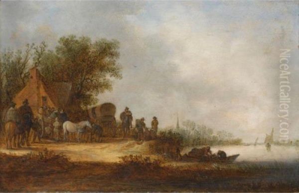 A River Landscape With
Travellers With Their Horse-drawn Carriages And Wagons Halting At An
Inn, Figures In A Rowing Boat In The Foreground - view 1